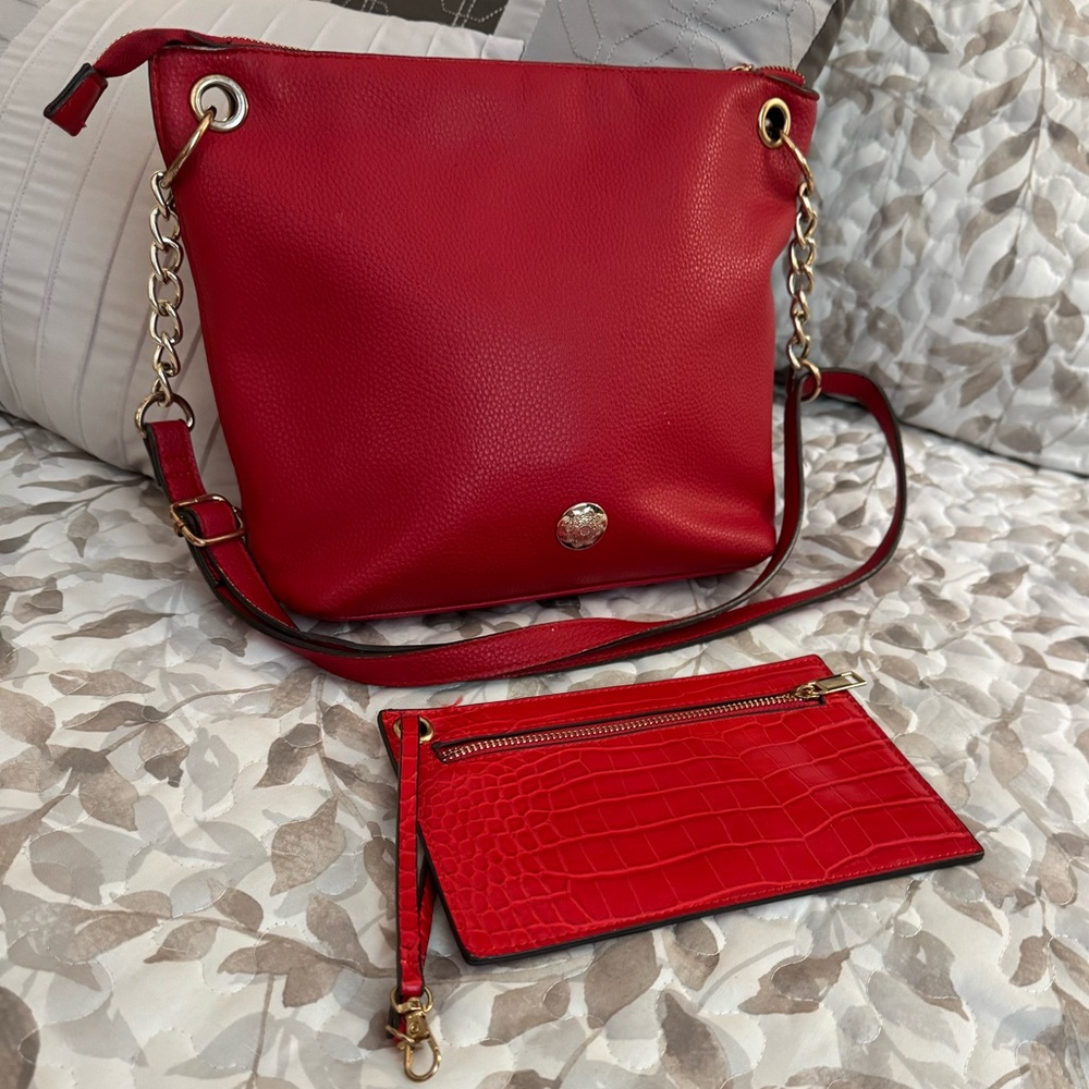 Red Leather Crossbody Bag with Wristlet & Gold Hardware by Carlos Santana